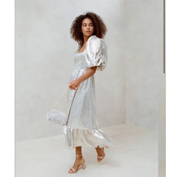 Loeffler Randall Elisa Puff Sleeve Gold Midi Evening Dress Size 4 - Picture 1 of 10